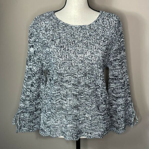 Umgee Navy White Bow Flare Sleeve Open Knit Wave Hem Sweater NWT Size S - Picture 2 of 10
